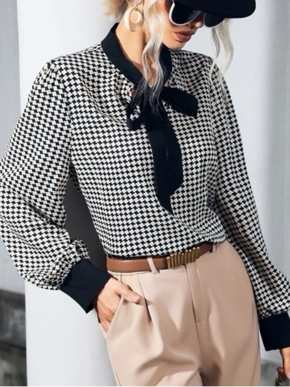 SHEIN Black & White Houndstooth Tie-Neck Blouse with Black Trim size large